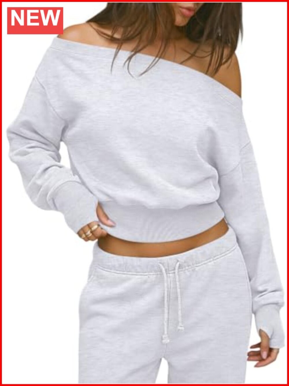 Womens 100% Cotton Off Shoulder Cropped Sweatshirt Thumb Holes Pullover